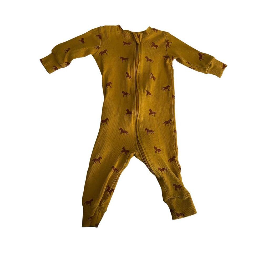 Kate Quinn Organic Cotton Ribbed Zipper Romper – Mustard Horses Print – 0-3mo
